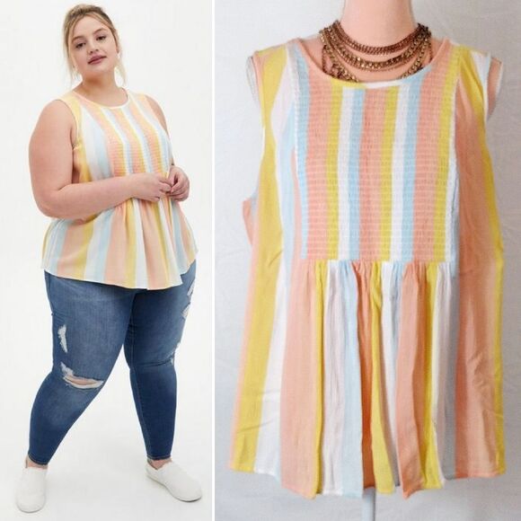 Torrid Yellow White Stripe Crinkle Gauze Smocked Tank Top Plussize 2X - Picture 1 of 14